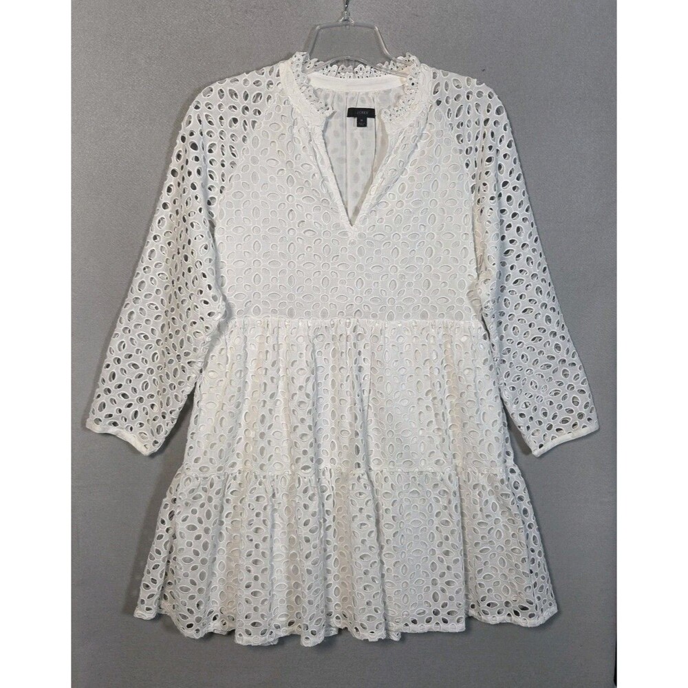 J. Crew Tiered Popover Dress Womens M White Eyelet Boho Peasant Wedding Party